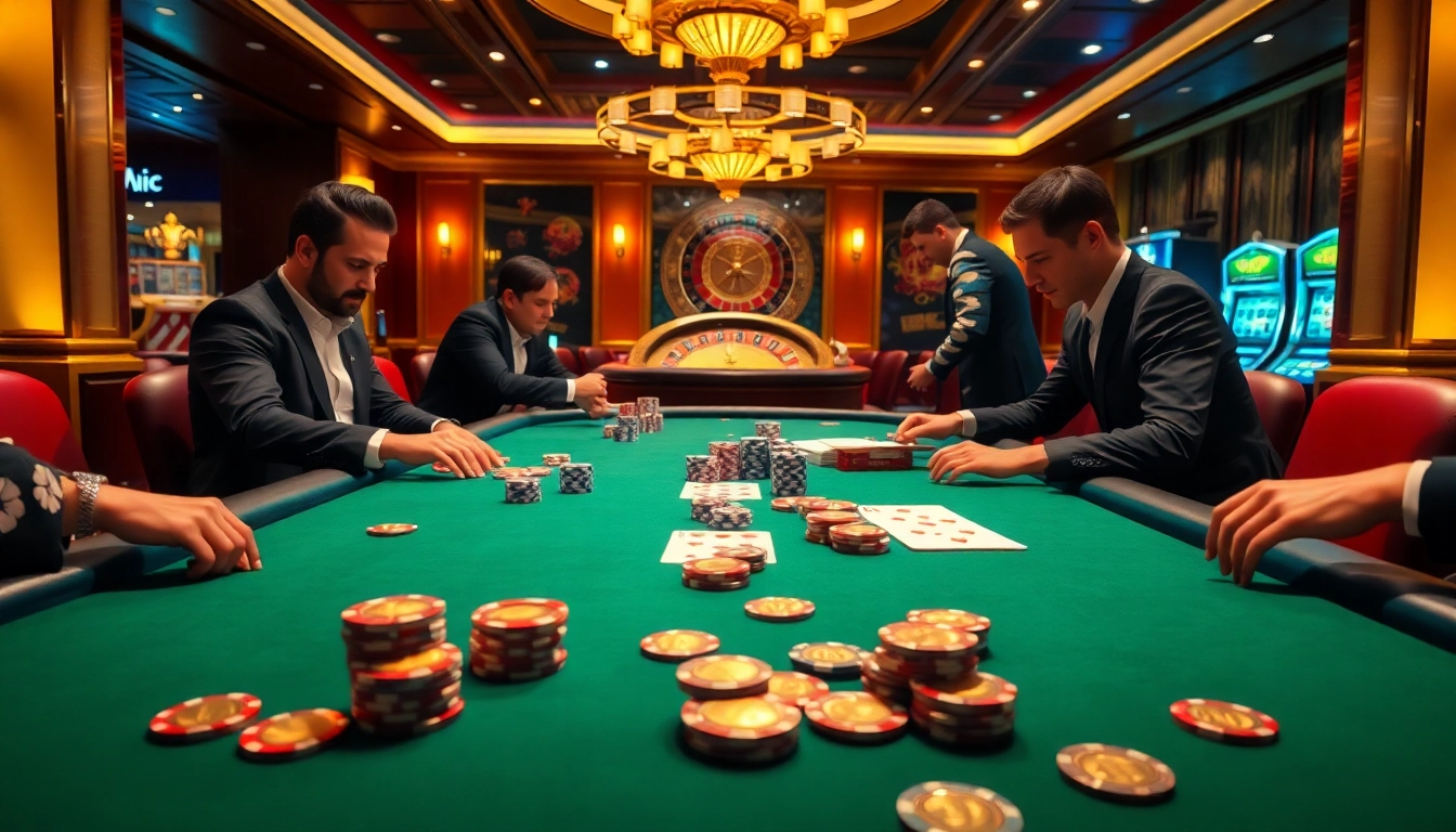 Experience thrill at the 7mcn poker table with vibrant chips and professional players.