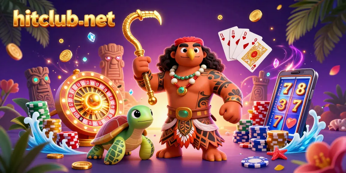 A vibrant 3D illustration of the hitclub-net brand featuring a Polynesian demigod and turtle, with casino symbols like poker chips and a roulette wheel.