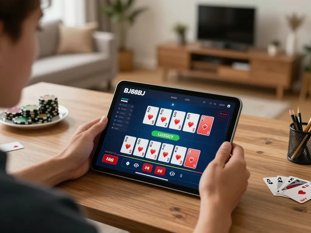 Person enjoying blackjack on BJ88BJ app, with vibrant gaming interface and cozy ambiance.