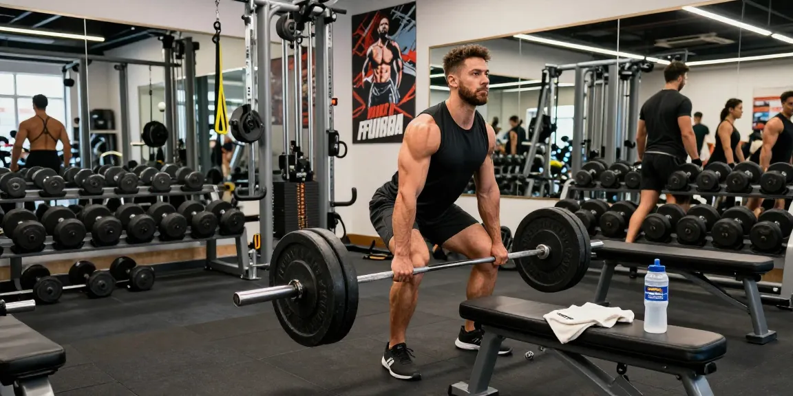 Bodybuilder lifting weights in a vibrant gym showcasing Prime Pharma Steroiden.