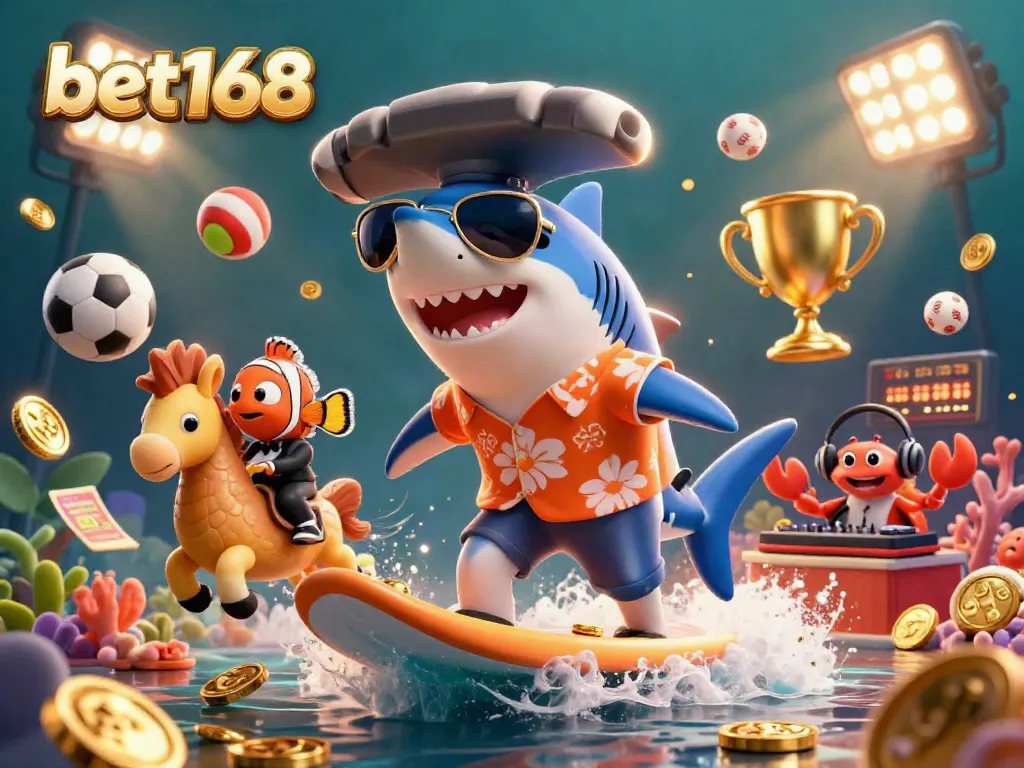Bet168 celebrates winning with a 3D shark surfing coins, clownfish, and crab DJ in a vibrant casino-themed scene.