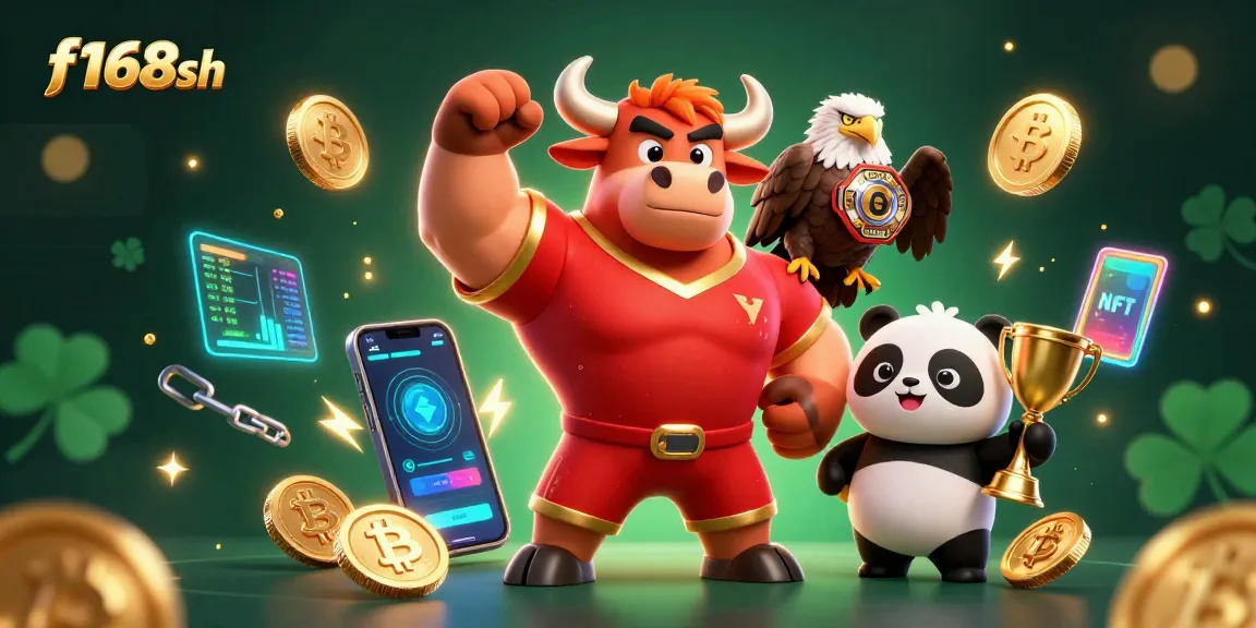 Experience thrilling gameplay with f168sh as a bull mascot celebrates with a trophy and crypto coins.