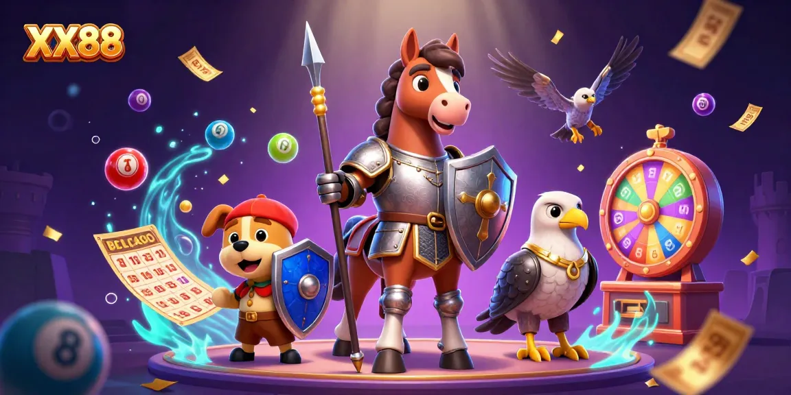 Engage in the thrilling world of XX88 with a vibrant casino fantasy scene featuring knights and games.