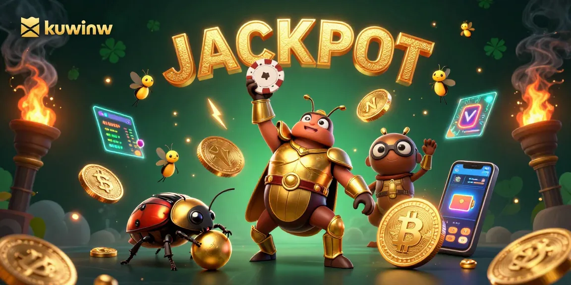 kuwinw celebrates with a victorious beetle in golden armor among Bitcoin and lively casino elements.