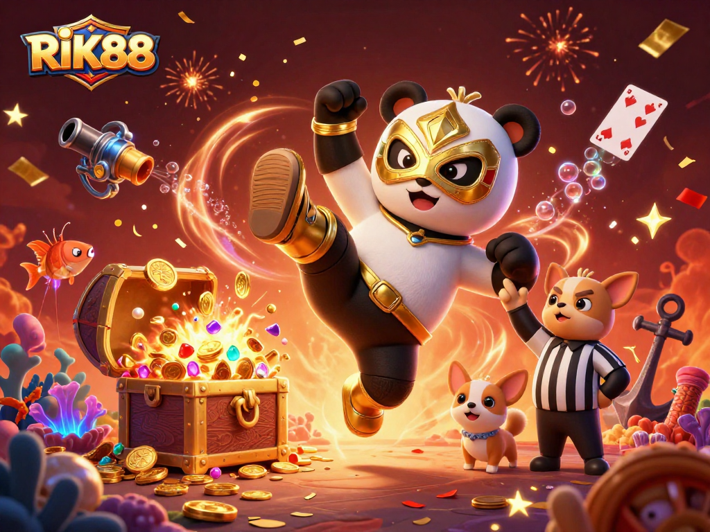 RIK88 showcases a lively scene with a luchador panda and a referee as spectators cheer.
