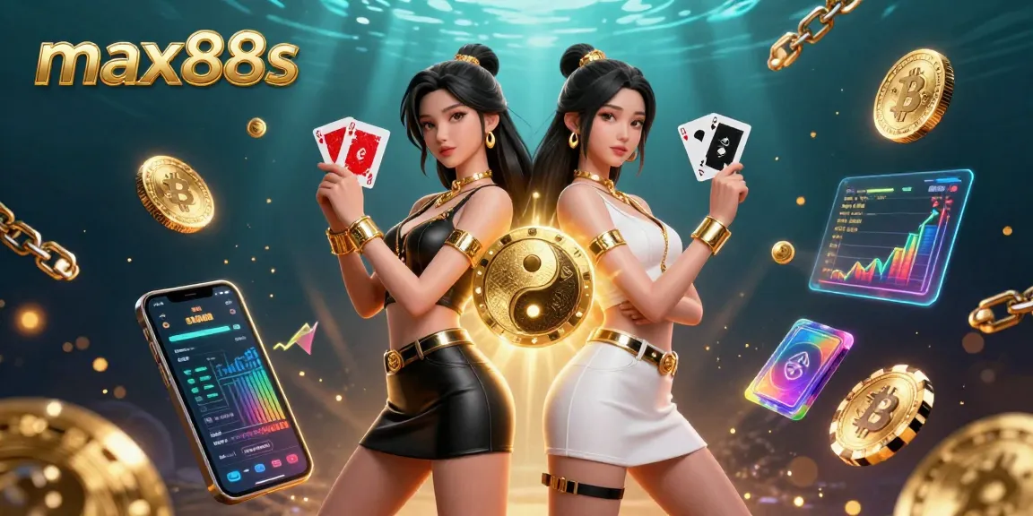 Engage with max88s at this vibrant 3D casino illustration showcasing twin Asian women in action with playing cards amidst crypto and casino elements.