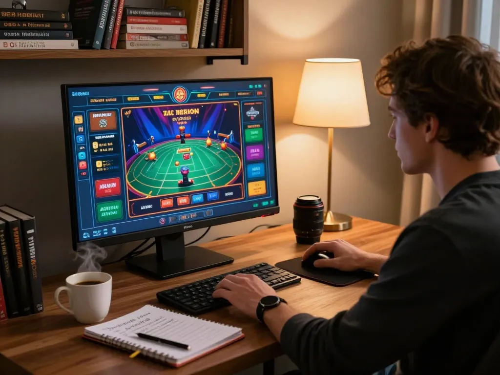 Engaging in online casino lc88 gameplay from a cozy home office setup, highlighting strategic betting notes.