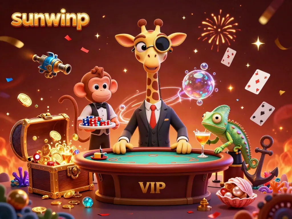 Enjoy gameplay at sunwinp with a high-roller giraffe, poker table, confetti, and gold coins.