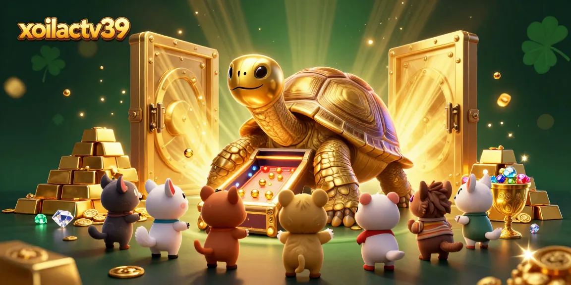 xoilactv39 casino scene with a colossal tortoise pinball machine and treasure elements