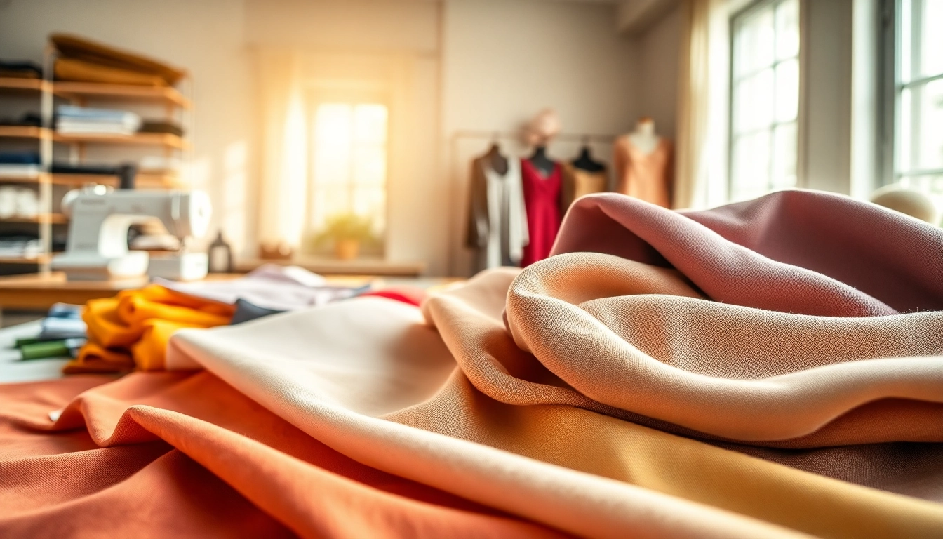 Stoffen voor kleding maken met verschillende texturen en kleuren op een ontwerp tafel.