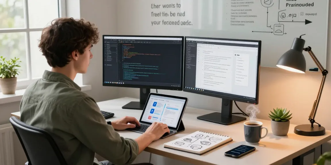 Build internal tools with AI in a modern workspace, featuring a developer coding with vibrant screens and creative elements.