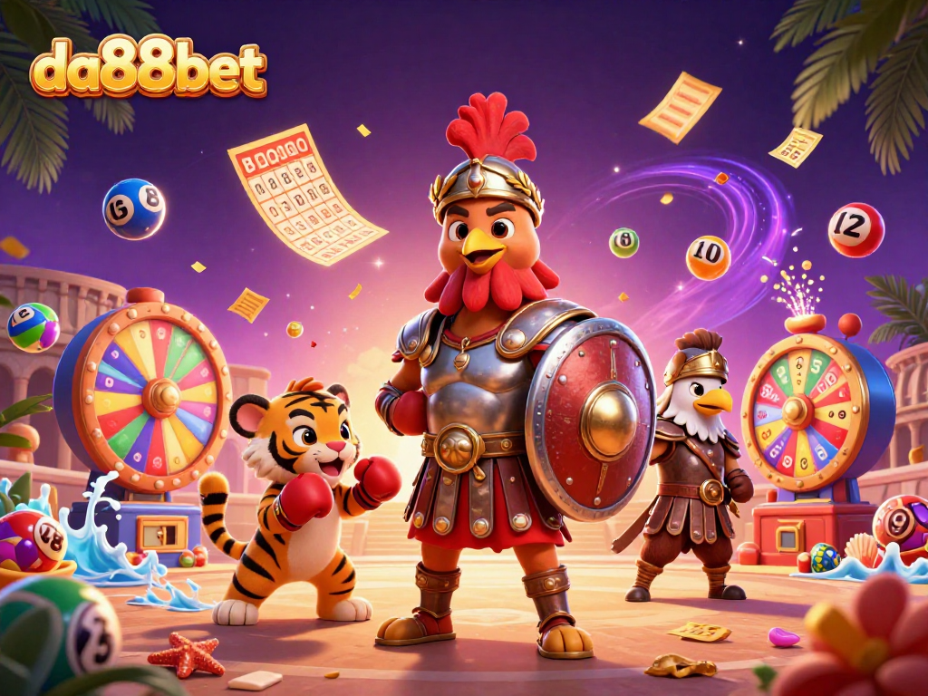 Join the fun with da88bet, where a gladiator rooster and tiger cub bring exciting casino action to life!