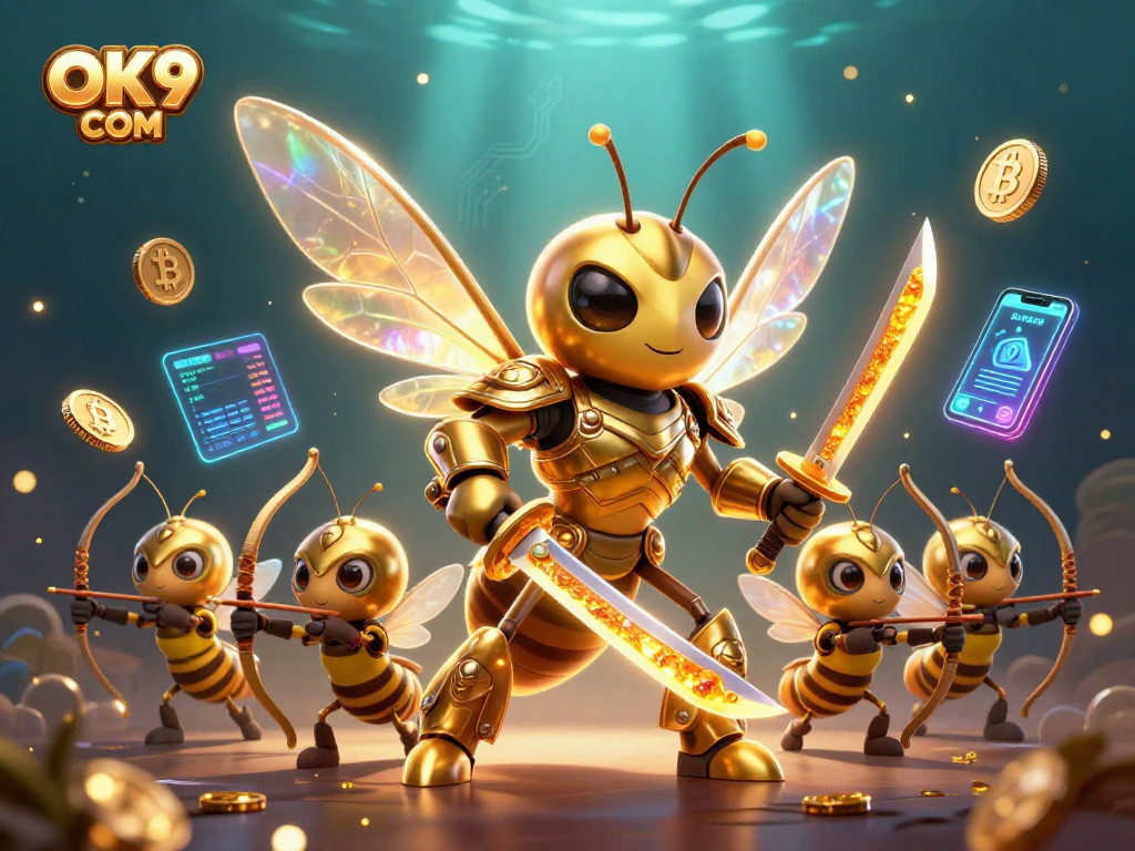 Engage with OK9 COM's vibrant 3D gambling scene featuring samurai hornet and crypto coins.