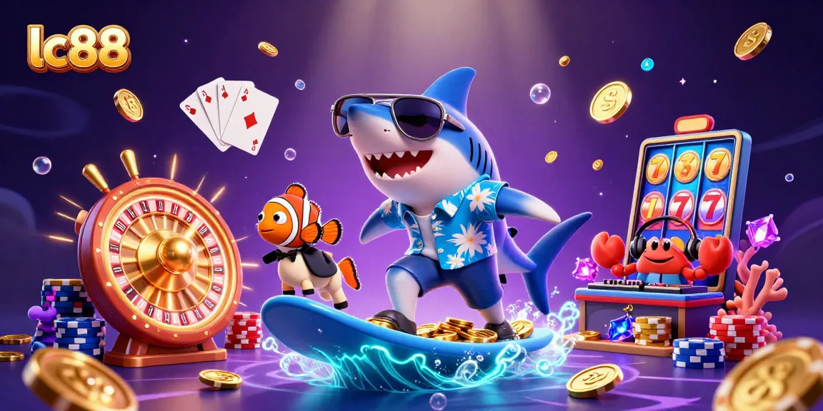 Surfing on gold coins, the lc88 shark leads fun casino action in this vibrant 3D scene.