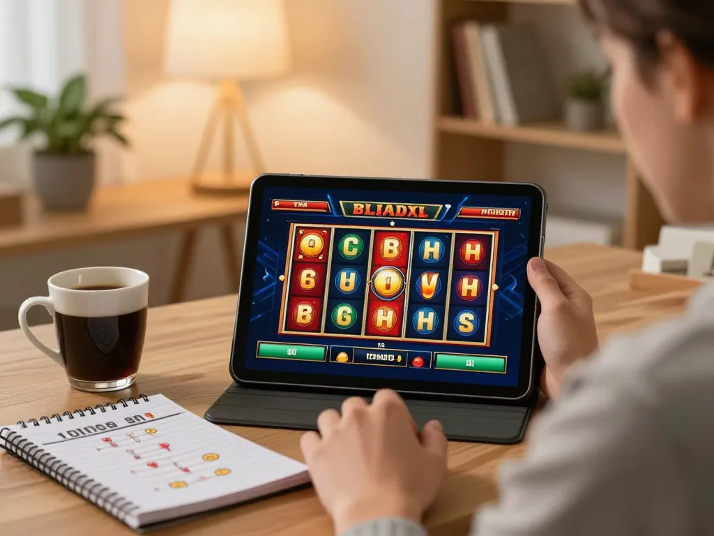 Participant enjoying Nhà cái 9bet slots on tablet with betting strategies and coffee
