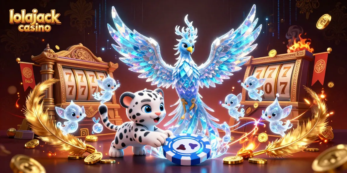 Experience thrilling gaming at lolajack casino with an ice phoenix, snow leopard, and vivid casino elements.