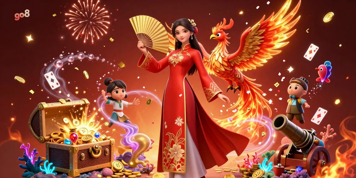 Experience the thrill of go8 with a vibrant illustration of gaming excitement featuring a majestic woman and phoenix.