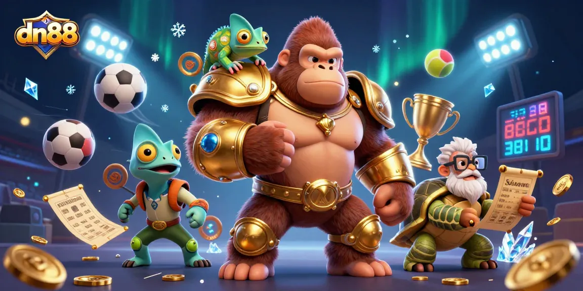 Engage with dn88's energetic gambling scene featuring a gorilla king and vibrant sports elements.