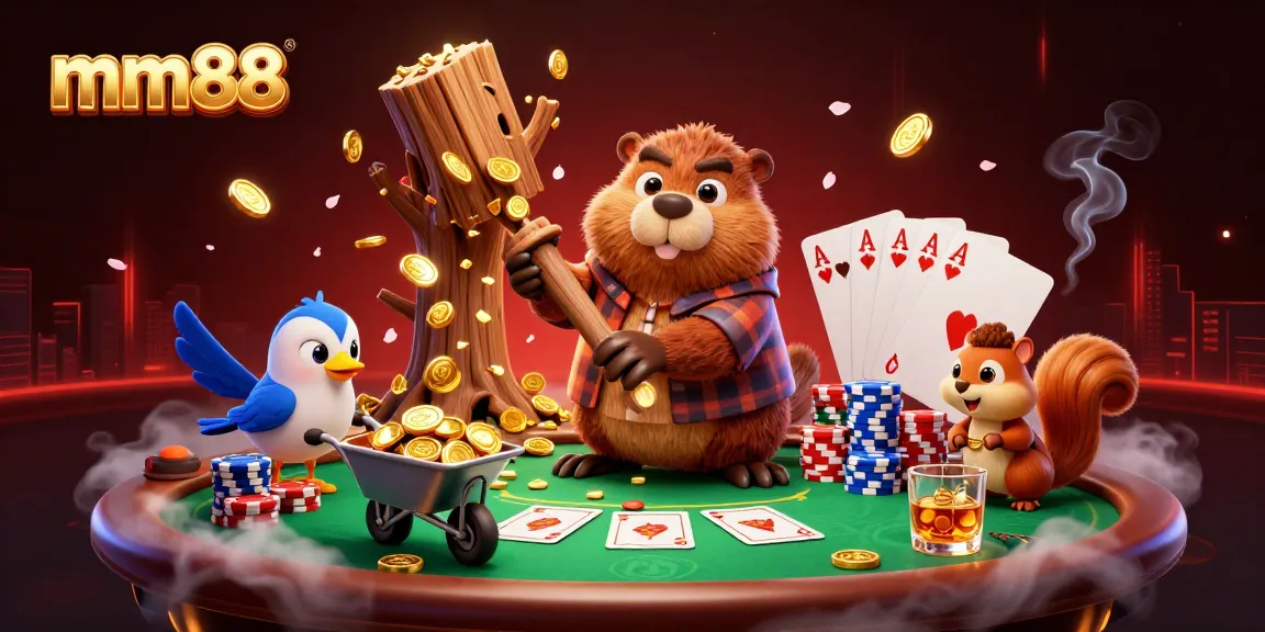 Chop and win with mm88 at the lively poker scene with vibrant characters and gold coins raining down.