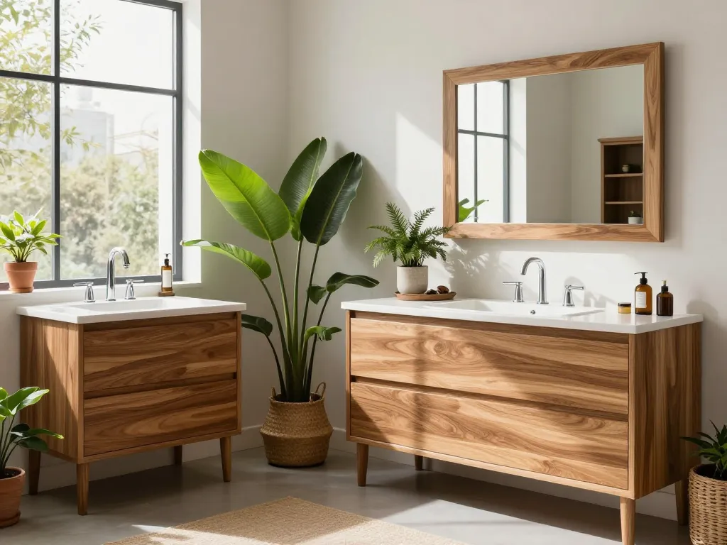 Ontdek elegante Van Heck Badkamers met massief eiken meubels en stijlvolle spiegels die het moderne interieurdesign verbeteren.