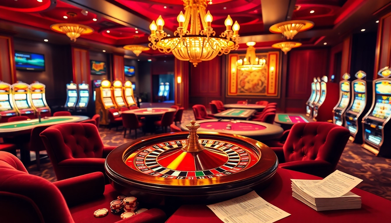 F168 casino scene featuring vibrant roulette wheels, plush seating, and lively gaming action.