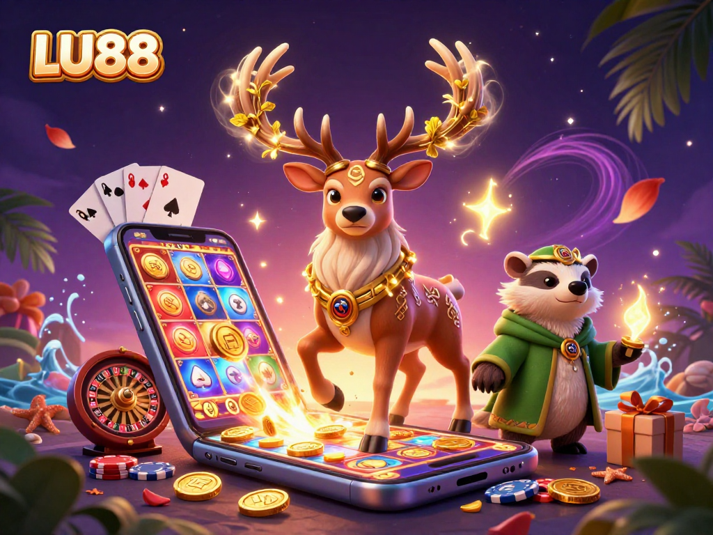 LU88 engages players in a dynamic casino scene with thrilling slot games and enchanting characters.