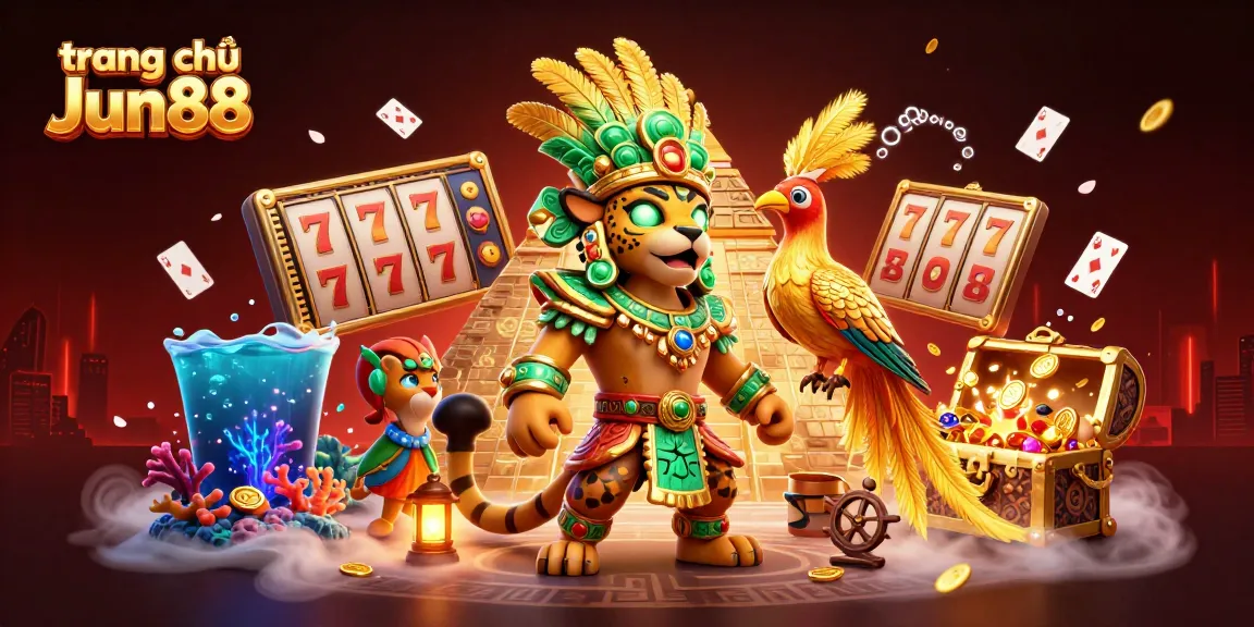Experience the excitement of trang chủ Jun88 with dynamic casino elements, including slot reels and gold treasures.