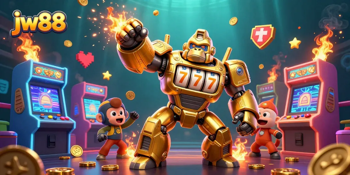 Win big at jw88 with a vibrant 3D illustration of a golden gorilla mech and dynamic gaming elements.