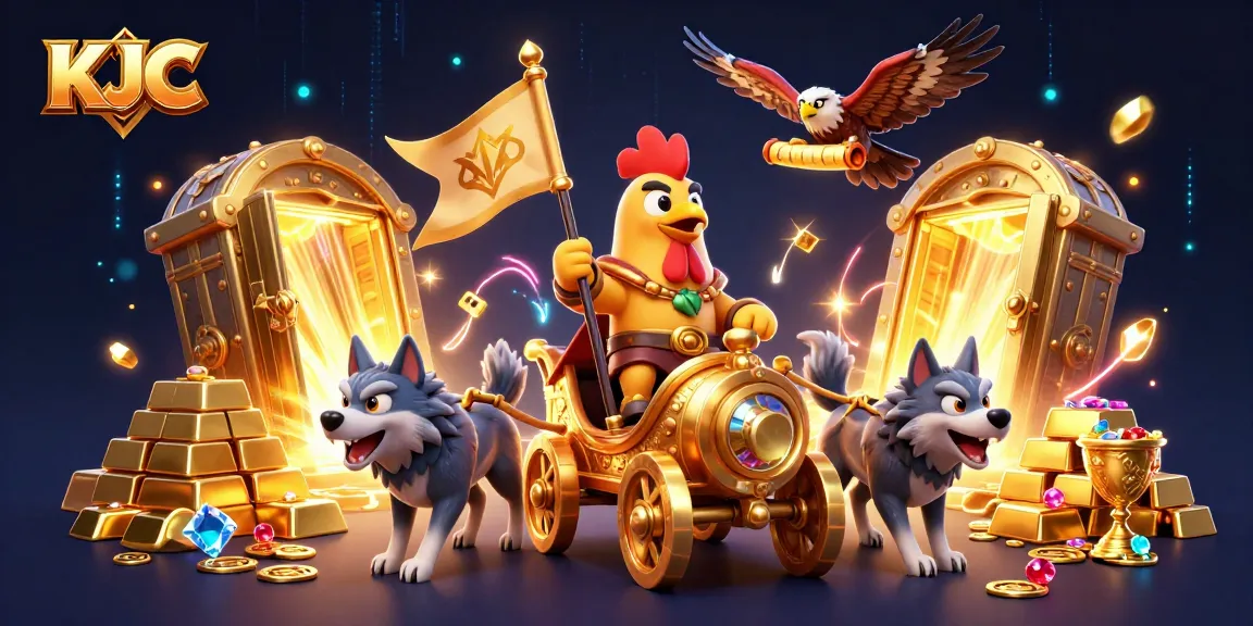 Experience the thrilling KJC casino adventure with a rooster warlord and treasure in a dynamic illustration.