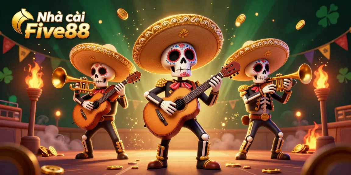 Engage with Nhà cái Five88 featuring a vibrant mariachi band in a lively casino scene with dynamic elements.