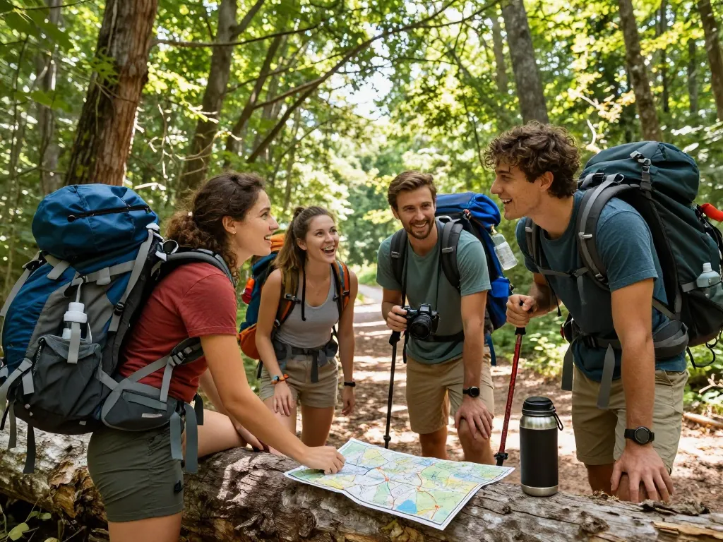 Friends enjoying the outdoors while hiking with Fly88 gear, surrounded by nature.