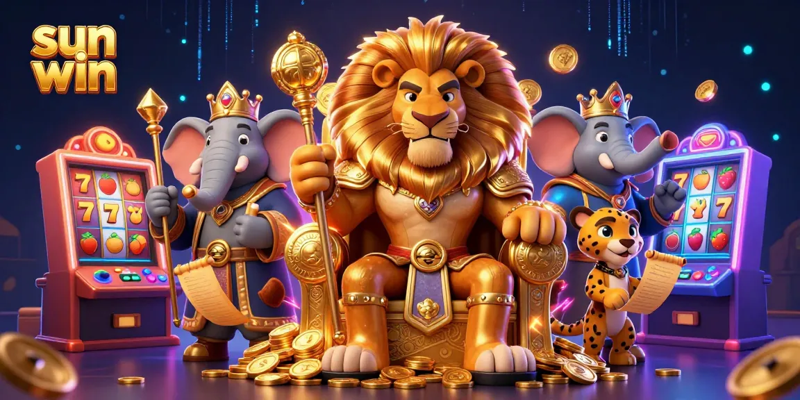 Experience sun win excitement with a lion king, elephant advisor, and cheetah messenger in a dynamic casino scene.