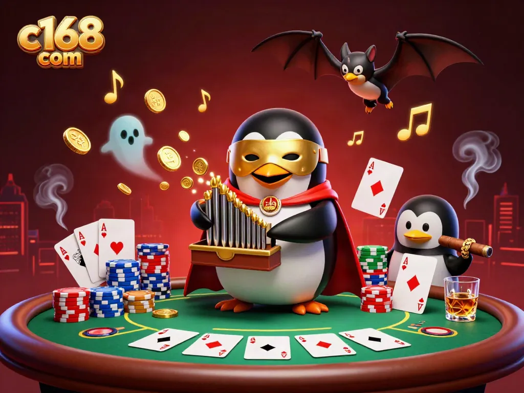 Experience casino excitement with c168 com, featuring a cartoon penguin and poker elements.