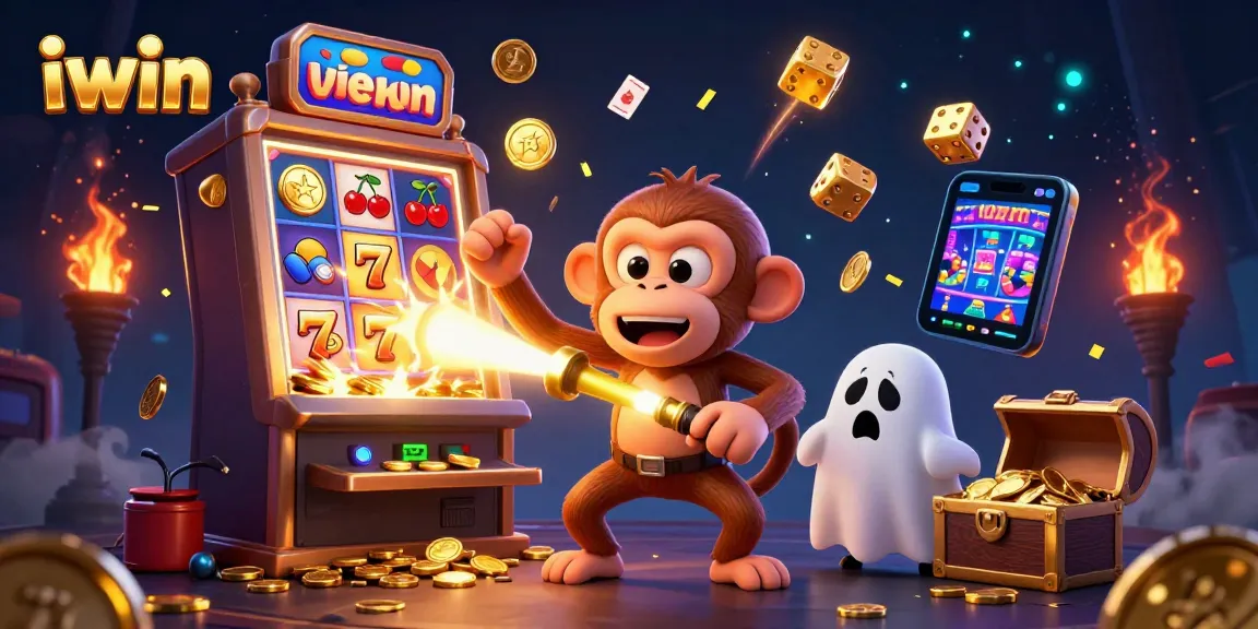 iwin showcases the fun of casino gaming with a vivid 3D slot machine scene filled with golden treasures and playful characters.