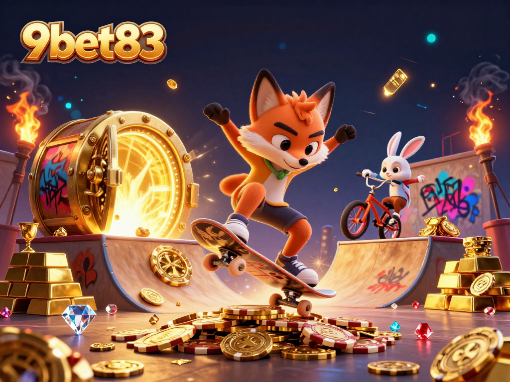 Experience thrilling gaming at 9bet83 with vibrant casino-themed illustrations.
