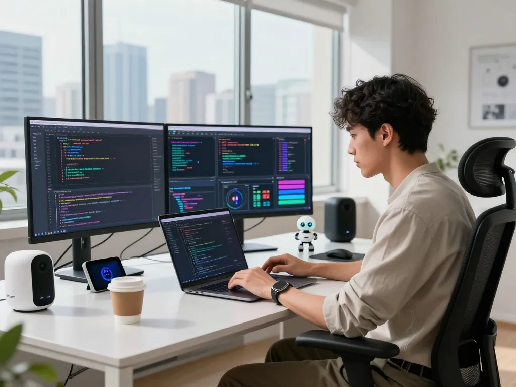 Developer focusing on spicy chat ai within a high-tech workspace, showcasing coding analytics and creative tech elements.