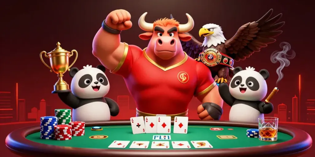 B52club showcases a muscular bull mascot celebrating victory among poker elements.