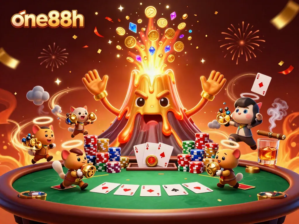 Experience thrilling gameplay with one88h as gold coins rain from a victorious volcano in a vibrant casino illustration.