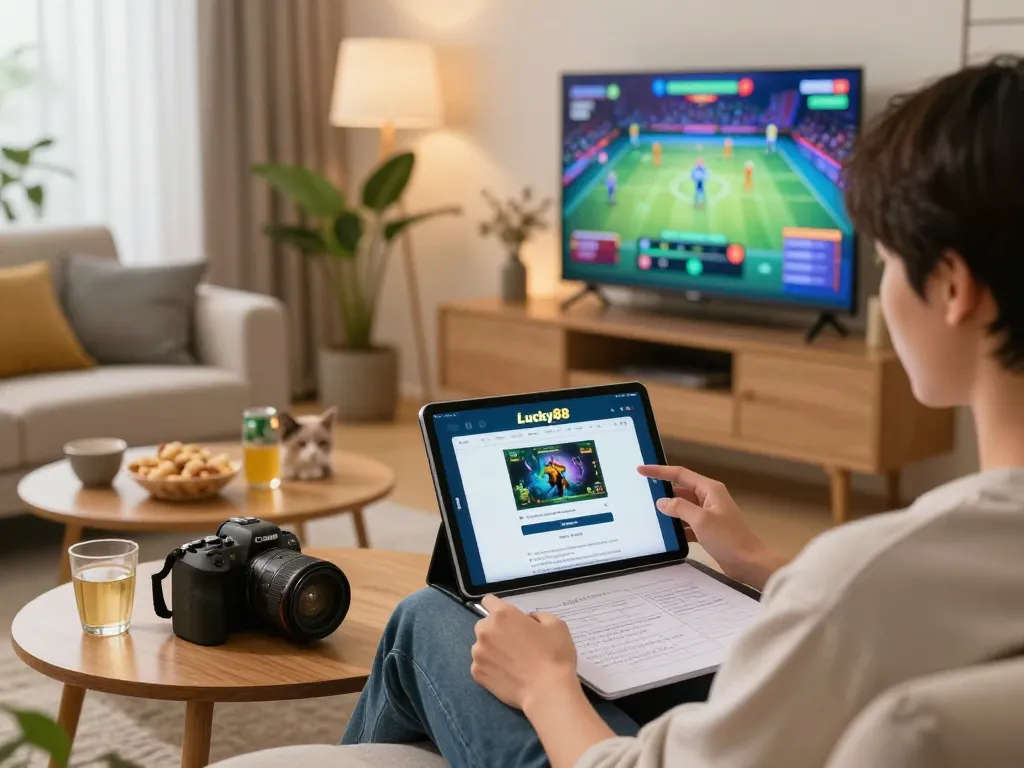 Login Lucky88 on a tablet in a cozy living room while gaming.