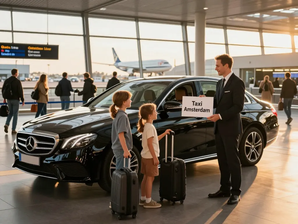 Gezin dat aankomt op Amsterdam luchthaven verwelkomd door een chauffeur voor Taxi Amsterdam service.
