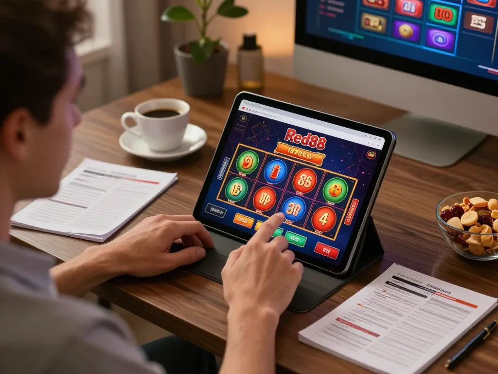 Engaging gameplay on Red88 slots with a player enjoying the experience at home.
