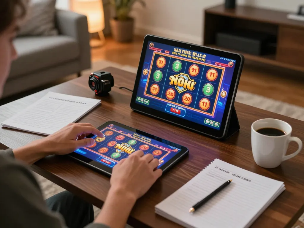 Player enjoying nổ hũ on tablet at home, surrounded by strategy notes and warm ambiance