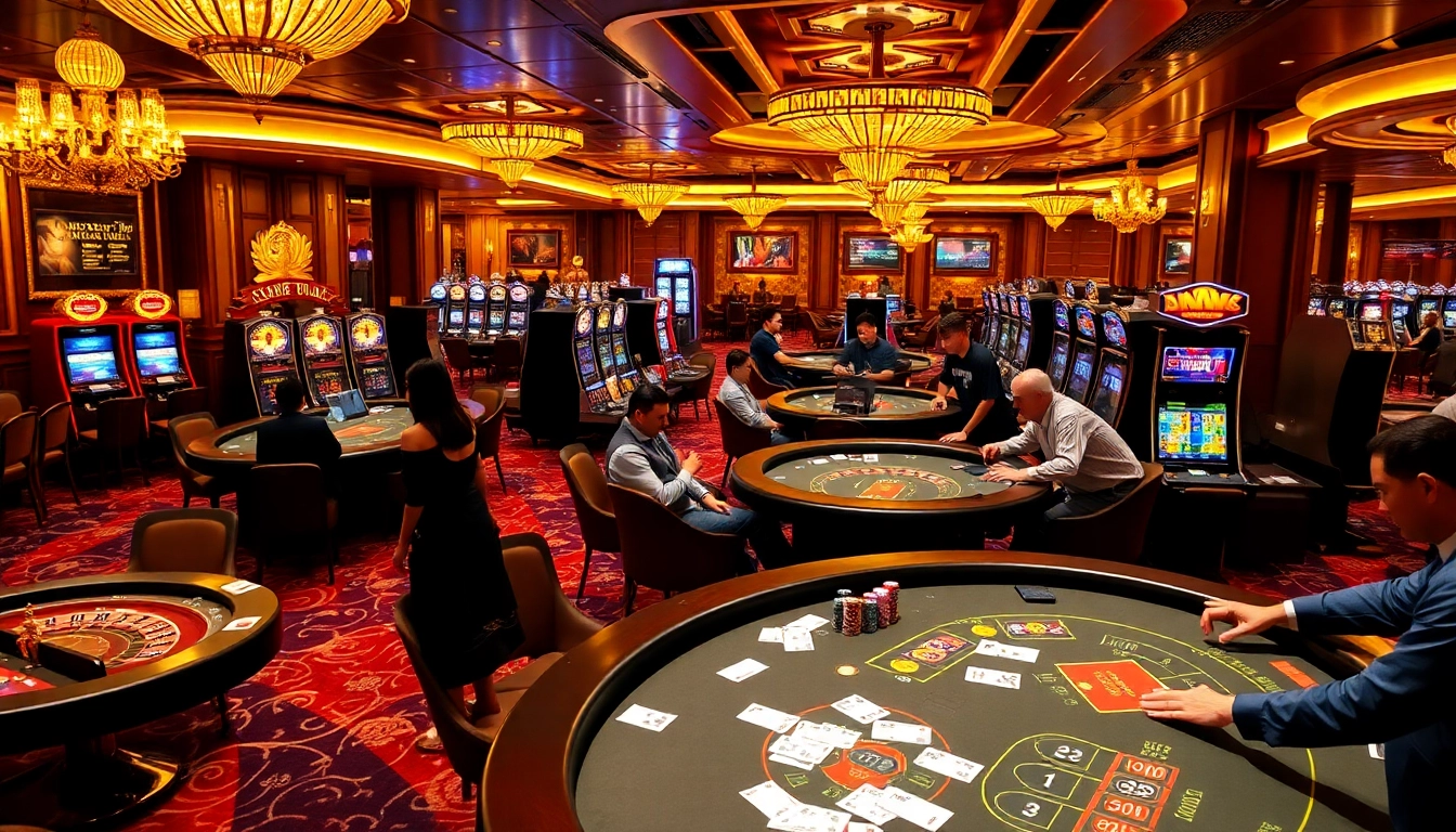 Experience the excitement of Nhà cái Jun88 with a vibrant casino scene featuring engaged players at thrilling gaming tables.