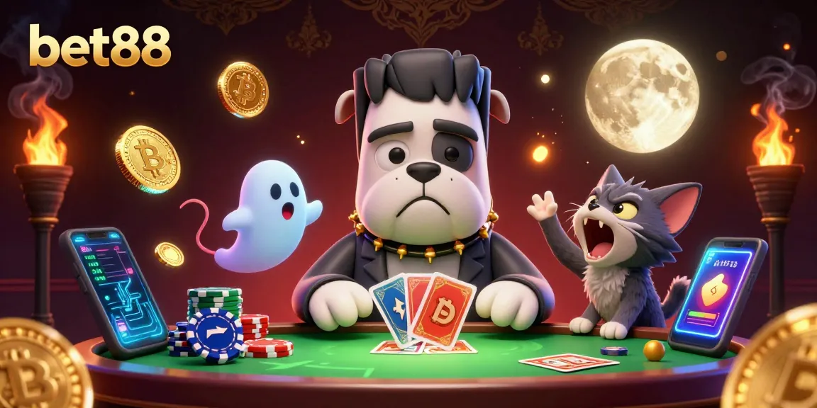 Engage with bet88 as a Frankenstein bulldog deals cards amidst vibrant crypto elements and a playful werewolf kitten.