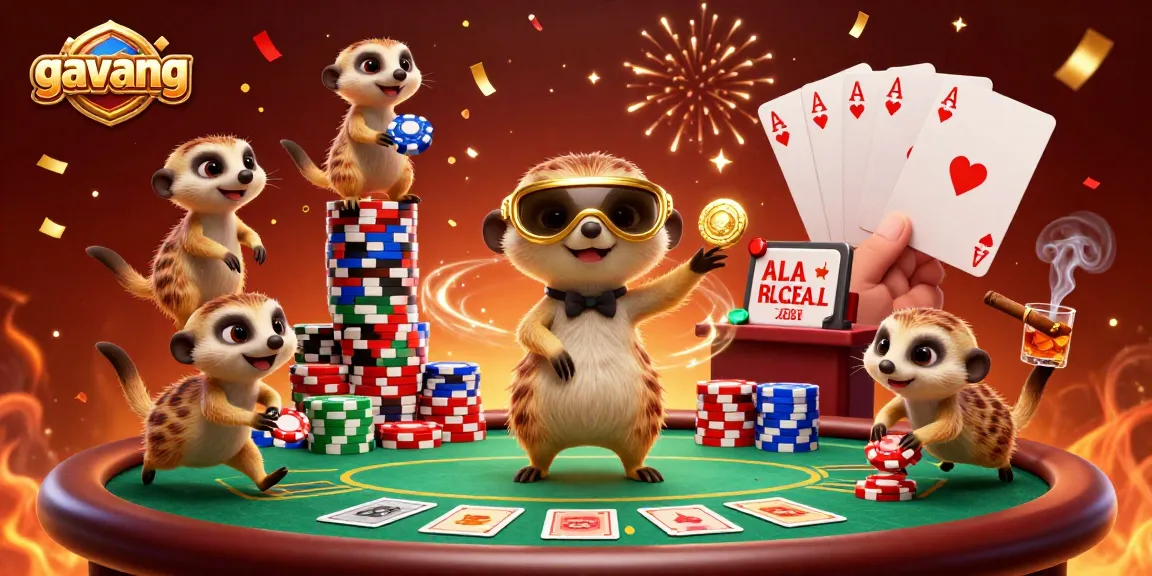 Experience thrilling action with gavang as meerkats operate a lively casino, showcasing bright poker elements and fun atmosphere.