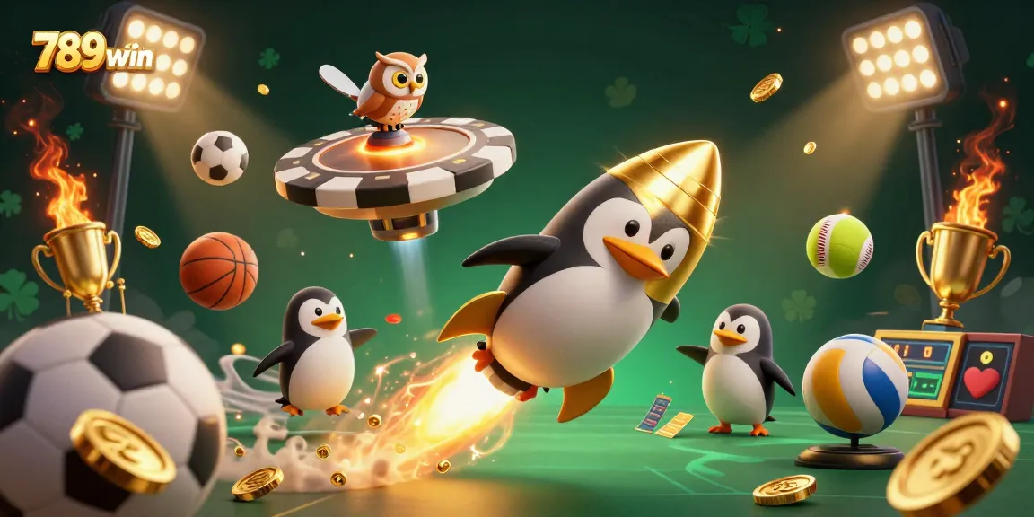 Experience thrilling gaming action at 789win with a dynamic 3D illustration featuring a golden penguin and sports elements.