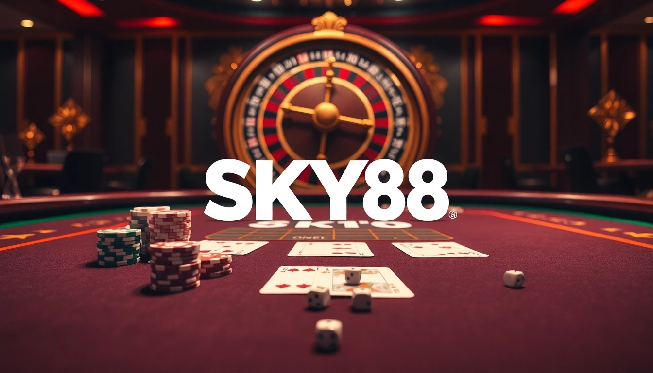 Experience the thrill of SKY88 at a luxurious casino with poker chips and a vibrant roulette wheel.
