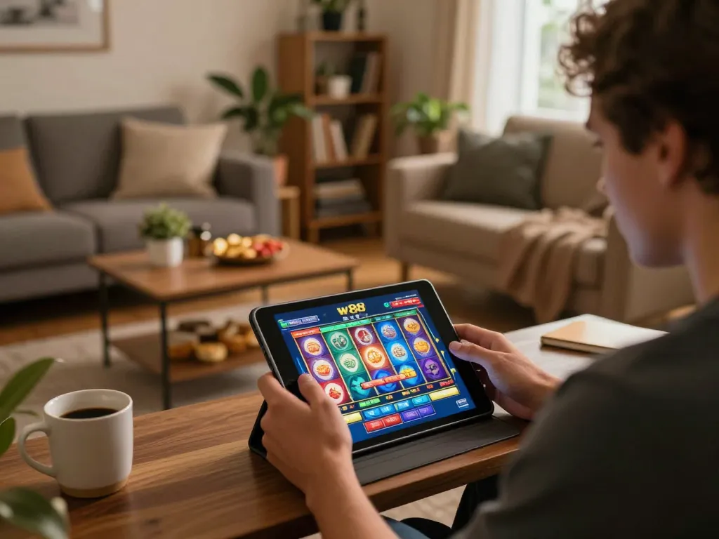 Player enjoying w 88 slots on mobile device in cozy home setup