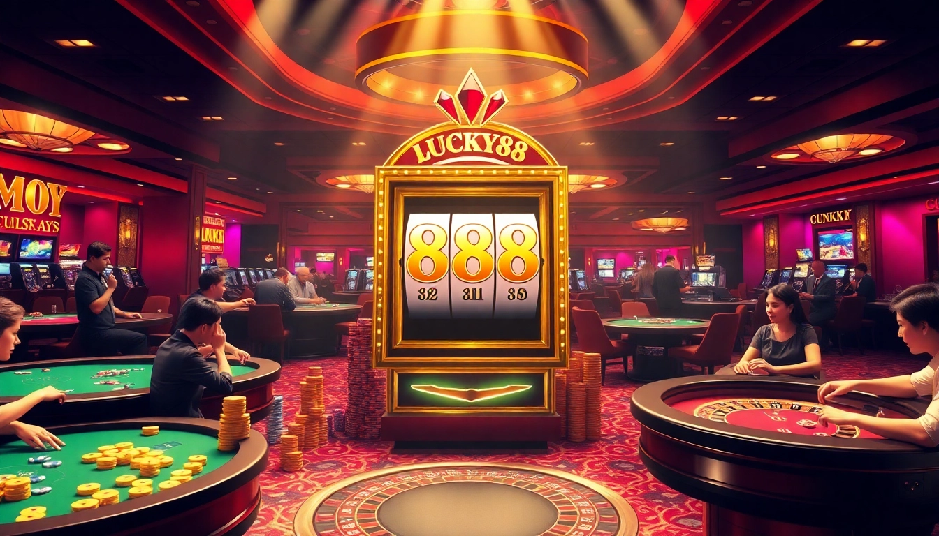 Engaged players around the LUCKY88 slot machine in an upscale casino setting.