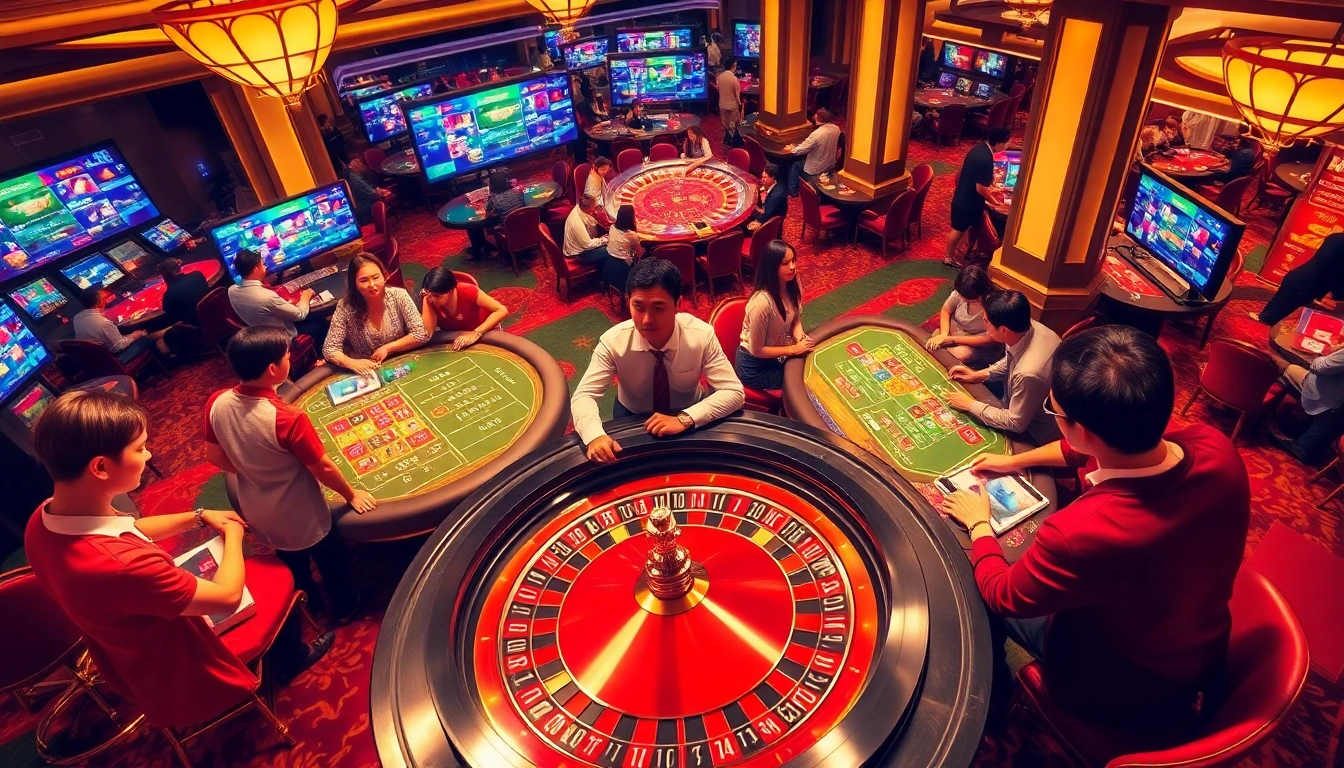Engaged players strategizing in an exciting game bài environment with vibrant casino elements.